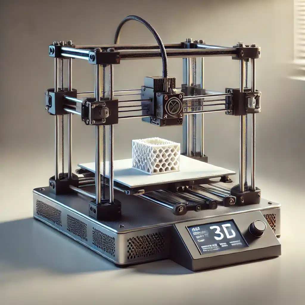 A realistic desktop 3D printer in operation, showing a partially completed object being printed on the flat build plate. The printer features a standard design with visible components such as the printhead, precision rails, and a smooth build platform. The object being printed appears detailed and practical, resembling a small prototype or functional part. The background is clean and neutral, ensuring focus remains on the printer. The overall scene reflects a real-world desktop 3D printing setup, ideal for showcasing the printing process in a professional or hobbyist environment.