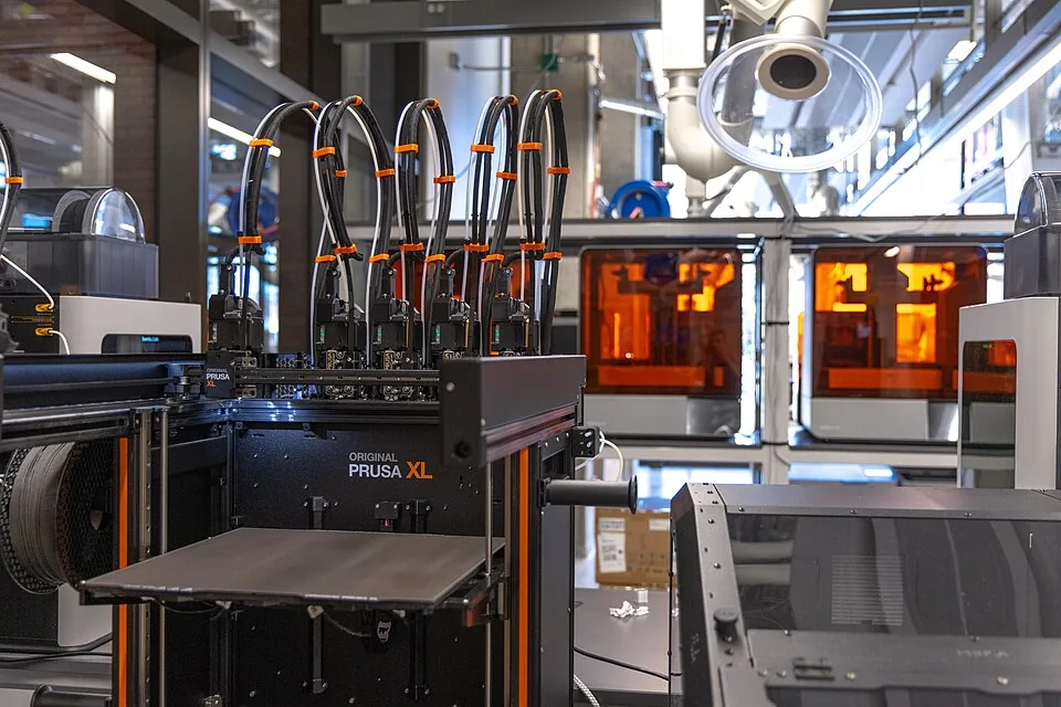 En sort Prusa XL 3D-printer i et værksted, set forfra. Fem printhoveder hænger på række langs toppen, hver med sit eget sorte filamentrør holdt af små orange clips, over en stor firkantet printplade.