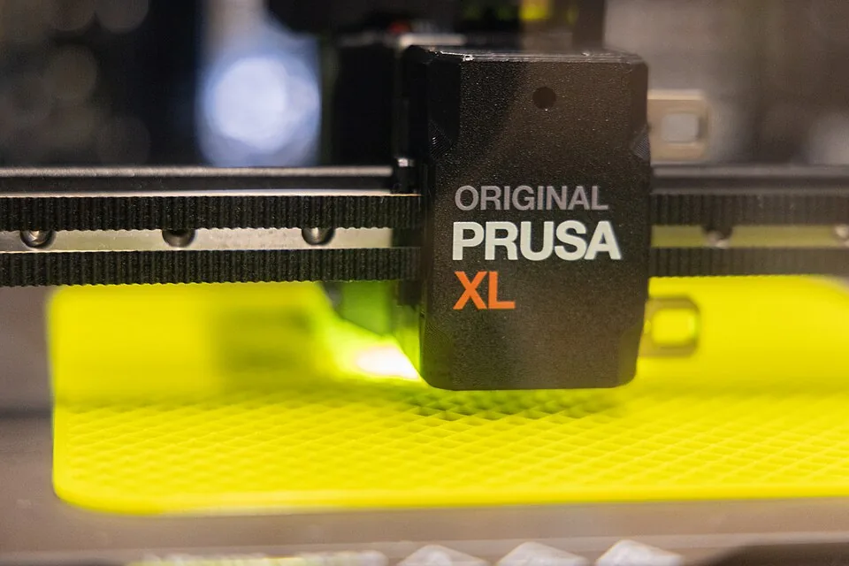 Tæt foto af et printhoved på en Prusa XL, en sort boks mærket Original Prusa XL, der kører på en rem over en knaldgul, mønstret printplade. Dysen og varmeblokken sidder skjult nedenunder.
