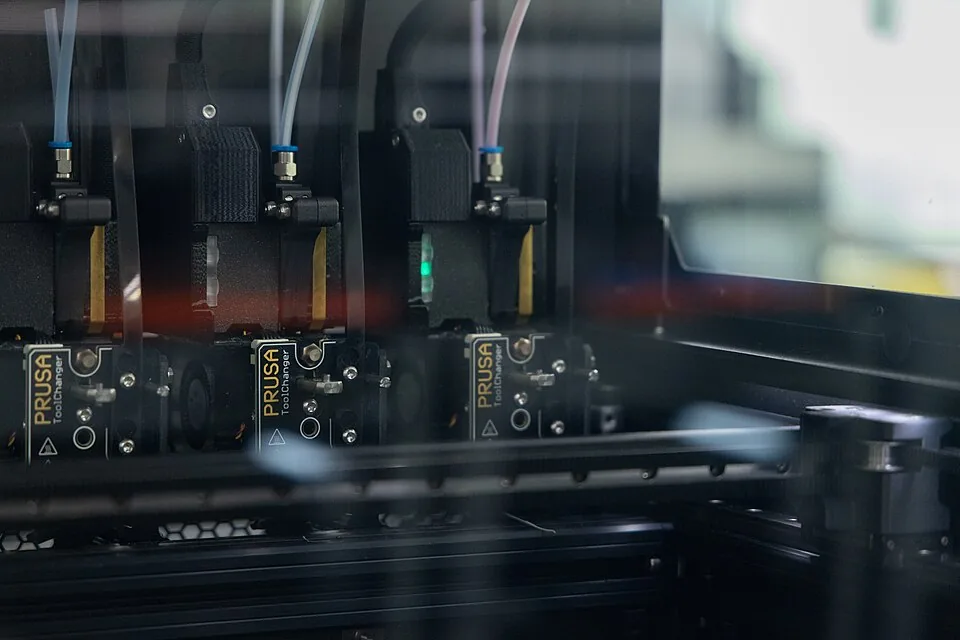 Foto gennem printerens gennemsigtige sidepanel af tre printhoveder, der står parkeret side om side i docken, hver mærket Prusa ToolChanger, med tynde filamentrør, der kommer ned i dem ovenfra.