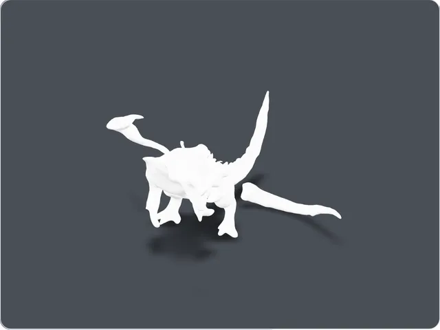 The dragon has a compact body, a long tail raised upward, one larger wing-like shape and several shortened or missing limb shapes. The pose is asymmetrical, which makes the model easy to recognise from different angles.