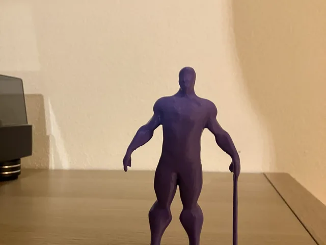 The figure is standing upright and holding a long cane in one hand. The body is smooth and simplified, with a rounded head, coat-like shape, shoes and the cane extending down to the side.