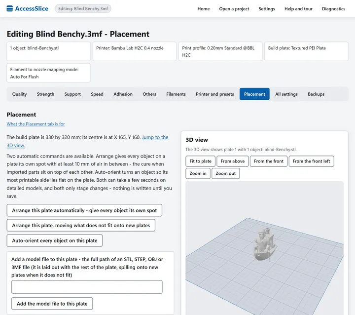 Fanen Placement i AccessSlice med en 3D-visning af en Benchy-båd på byggepladen