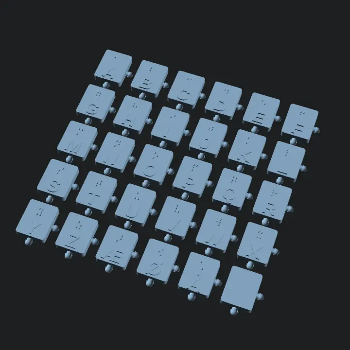 Render of the full plate of thirty braille learning tiles in a grid, the Danish alphabet with raised letters and braille cells, connected by small interlocking tabs.