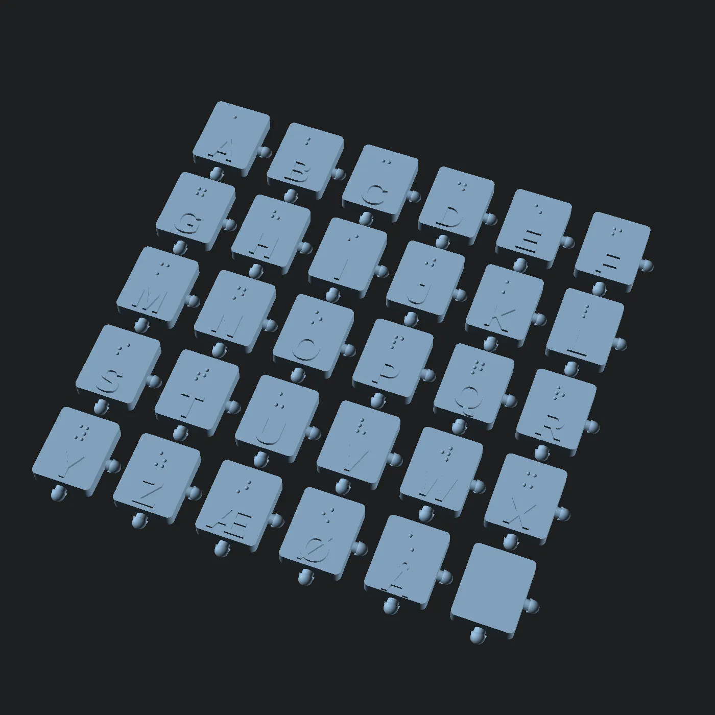 Render of the full plate of thirty braille learning tiles in a grid, the Danish alphabet with raised letters and braille cells, connected by small interlocking tabs.