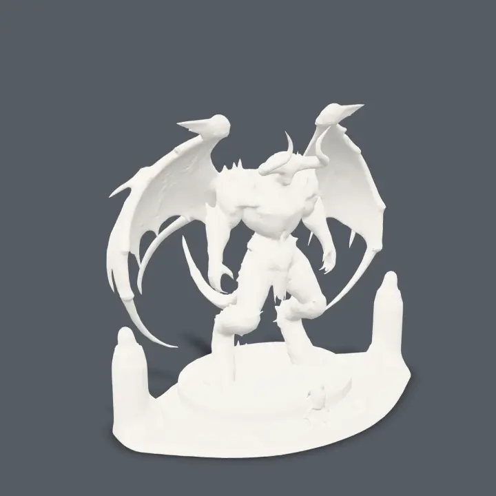 Front render of the winged demon standing over the ruin base: spread bat wings, curved horns, muscular chest and clawed hands, with a broken pillar and gravestone at its feet.