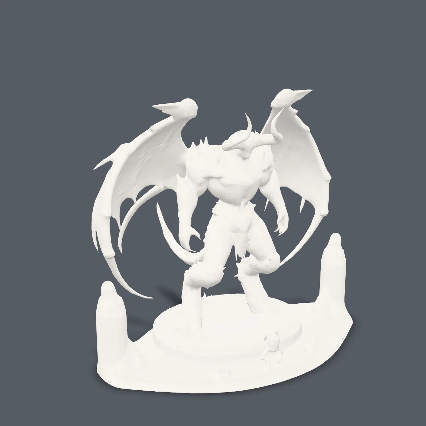 Front render of the winged demon standing over the ruin base: spread bat wings, curved horns, muscular chest and clawed hands, with a broken pillar and gravestone at its feet.