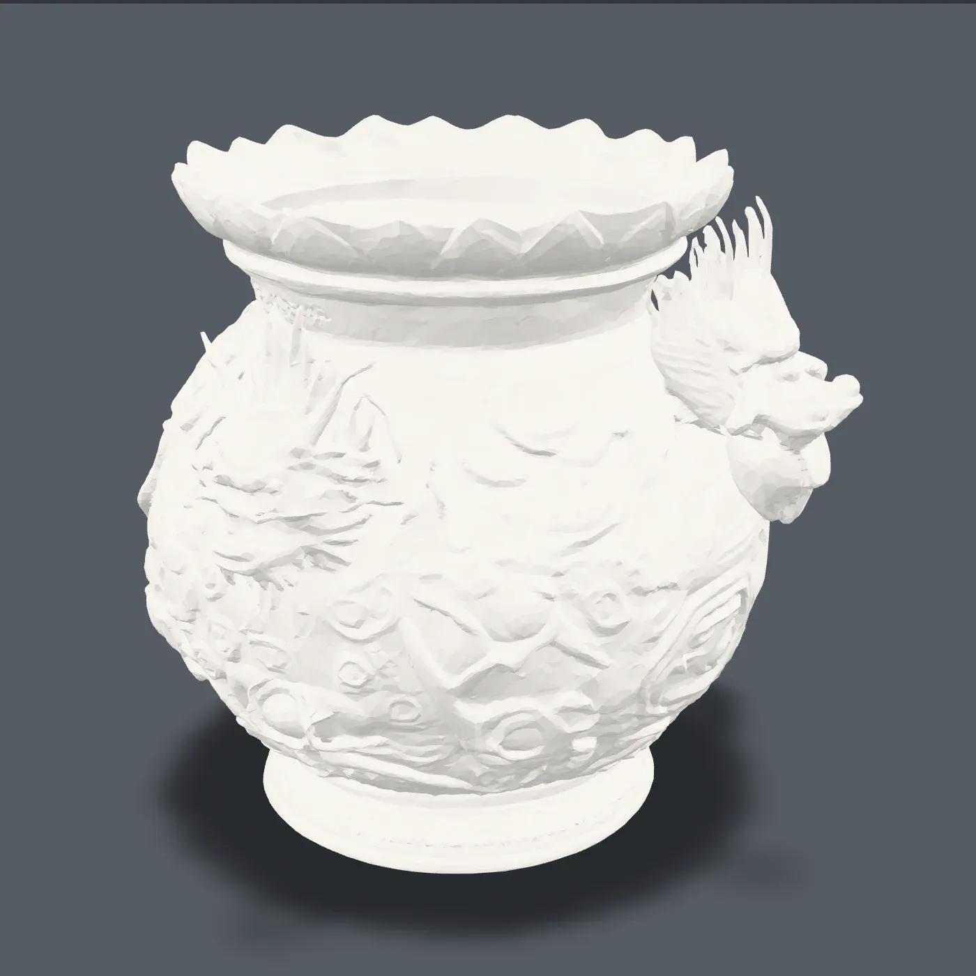 Three-quarter render of the dragon vase, a rounded vessel wrapped in deep dragon relief with a lotus petal rim.