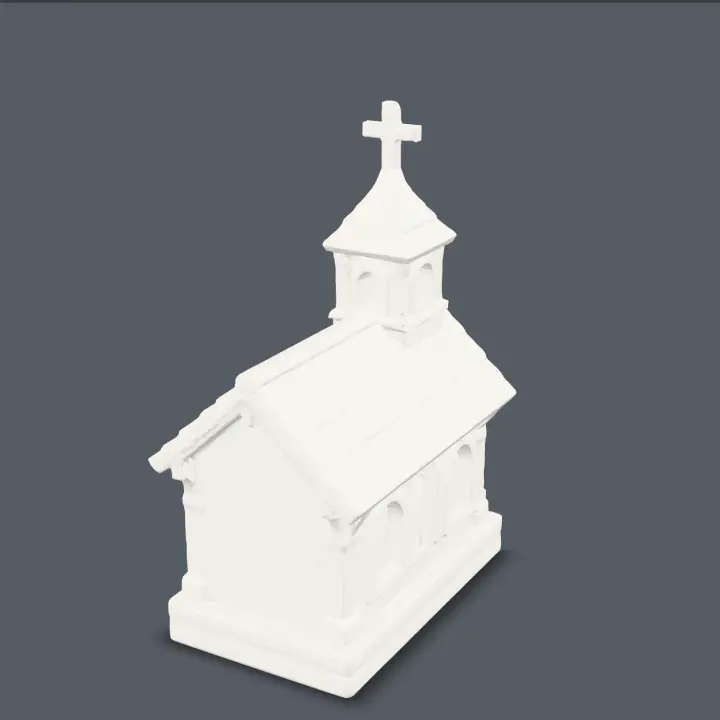 Three-quarter render of the village church with arched windows, gabled roof, and a bell tower with spire and cross.