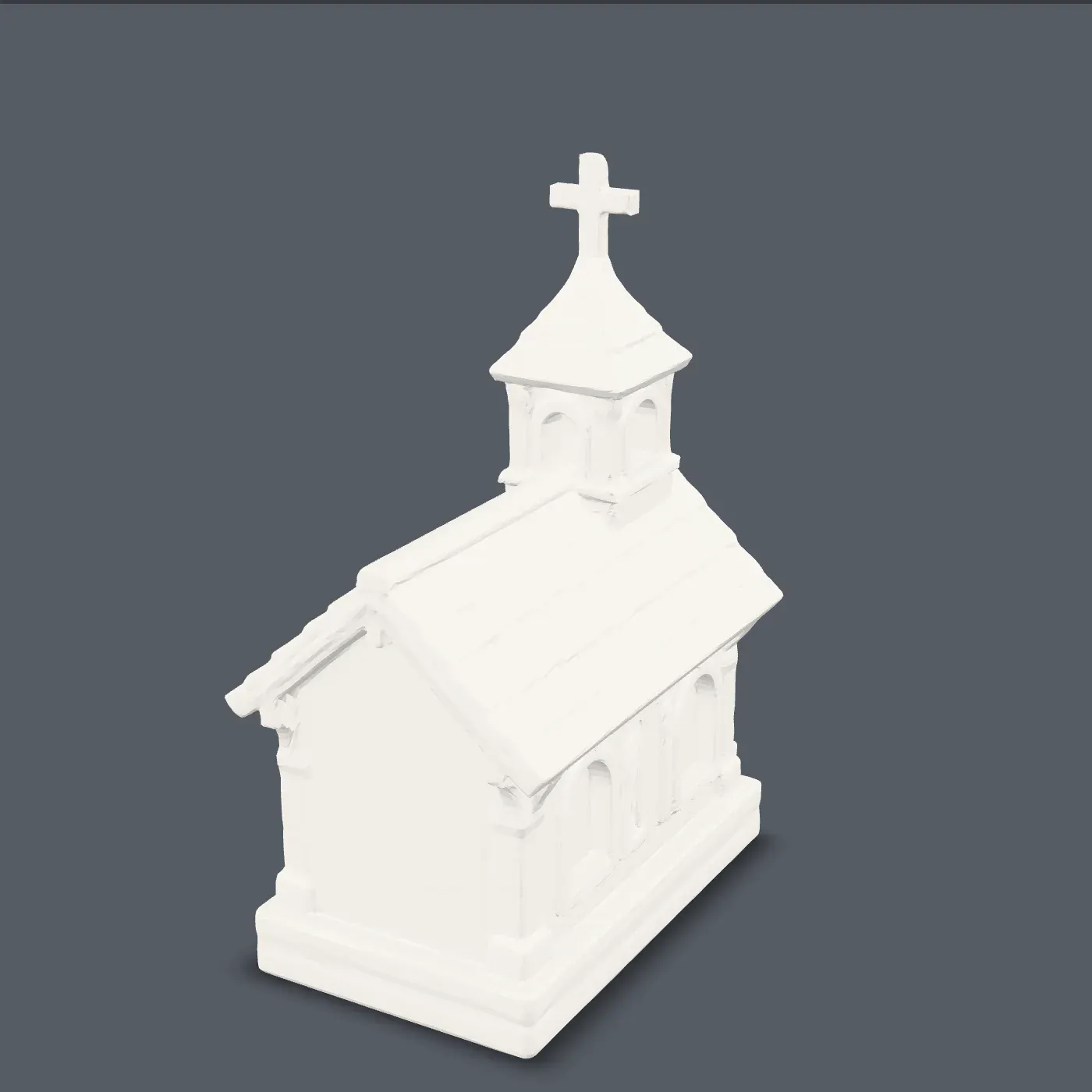 Three-quarter render of the village church with arched windows, gabled roof, and a bell tower with spire and cross.