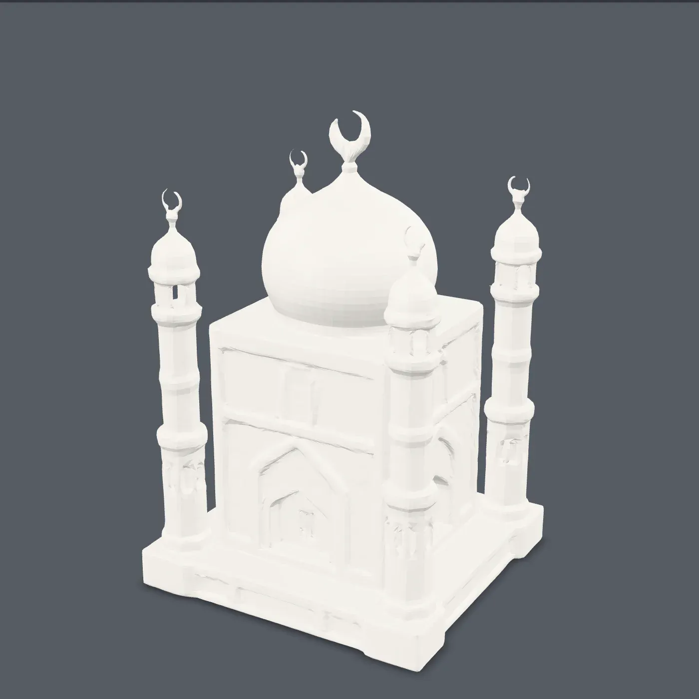 Trekvart rendering af miniaturemoskéen med den centrale løgkuppel og halvmåne, fire minareter med halvmåner, panelvægge og buet indgang på en trappeformet sokkel.