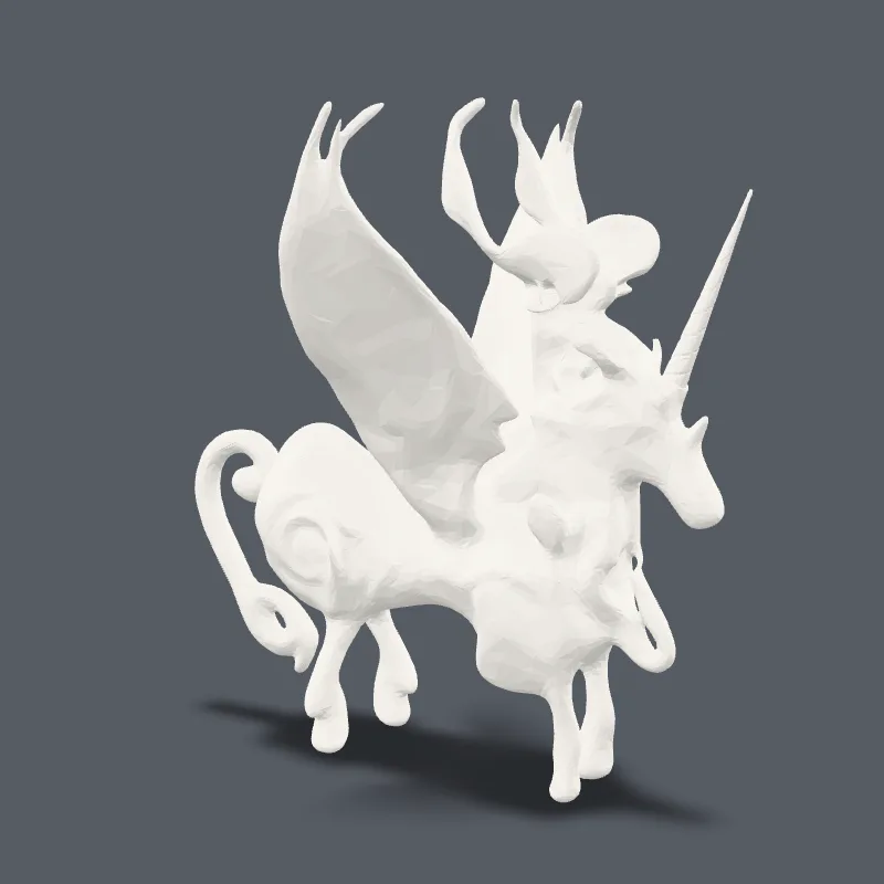 Render of the winged unicorn rearing on its hind legs, wings spread high behind its back, horn raised and tail curling to the ground.